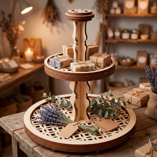 Laser cut tiered retail stand displaying handmade soaps and dried lavender. The round wooden shelves feature decorative openwork details and hold spa products and small craft boxes, demonstrating an elegant setup for artisan markets or boutique counters.
