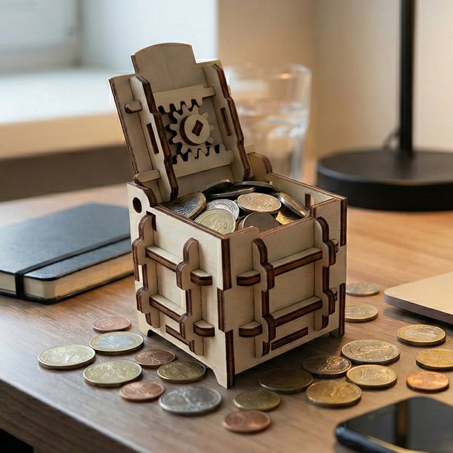 Open safe box made of laser cut plywood with an exposed gear mechanism on the inner lid. The box is overflowing with various metal coins. It features complex interlocking support ribs and dark burnt edges, shown on a desk with a notebook and phone.
