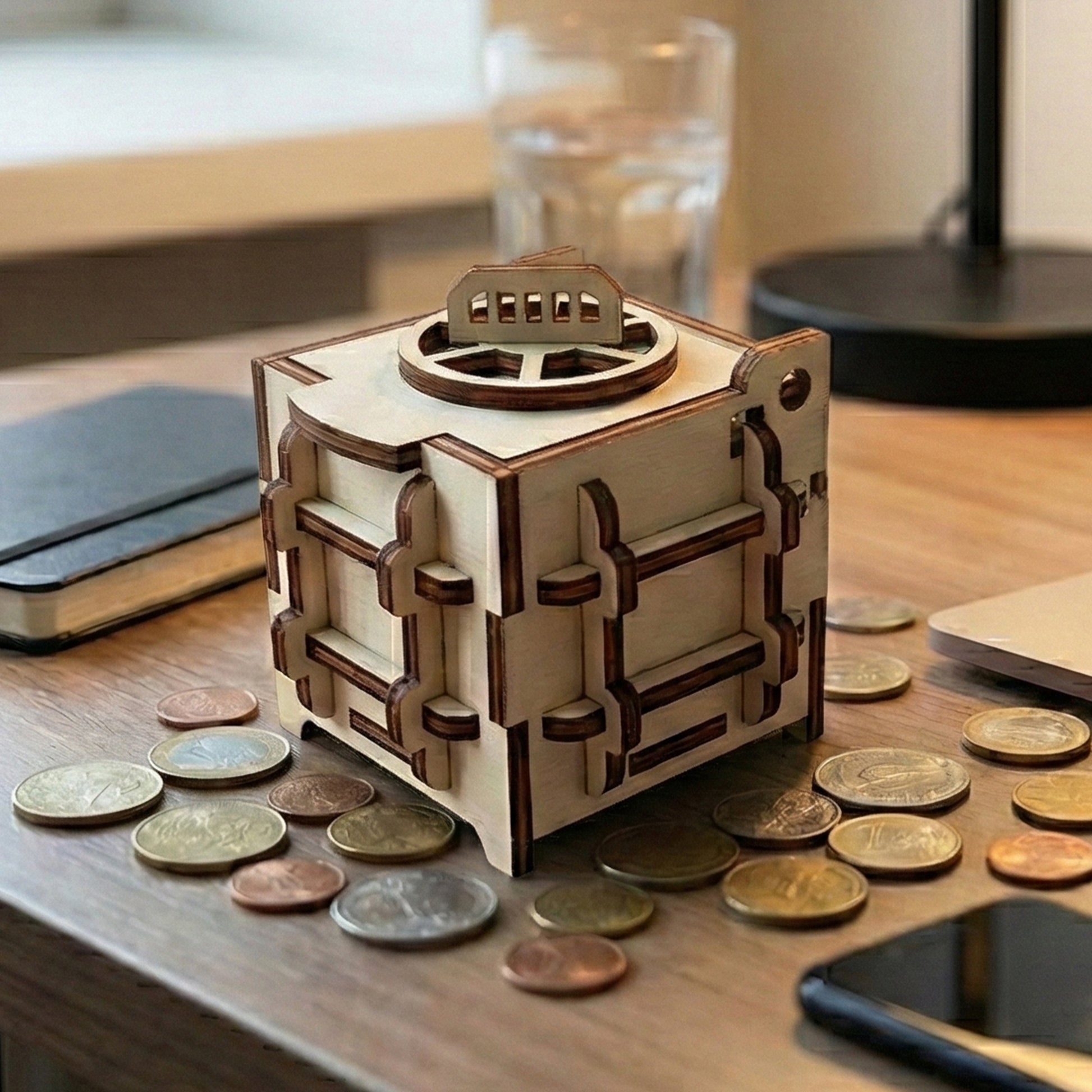 Closed laser cut plywood coin bank with a circular mechanical dial on the top. The cube-shaped box shows intricate interlocking structural joints. It is surrounded by scattered coins on a wooden desk to demonstrate scale and function.