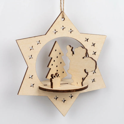 Angled view of 3D laser cut plywood star ornament with Santa, present, and tree figures on white background