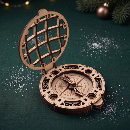 Assembled laser cut plywood Santa compass with hinged cage lid open on green fabric with faux snow and pine bough