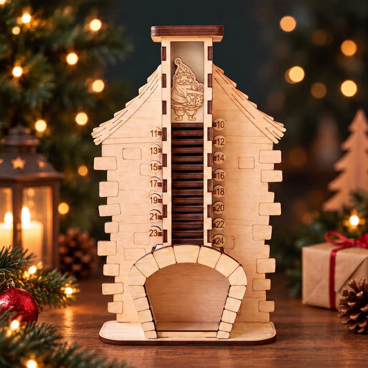 Laser cut plywood fireplace advent calendar standing on wood table with glowing lights, lantern, and gift box.