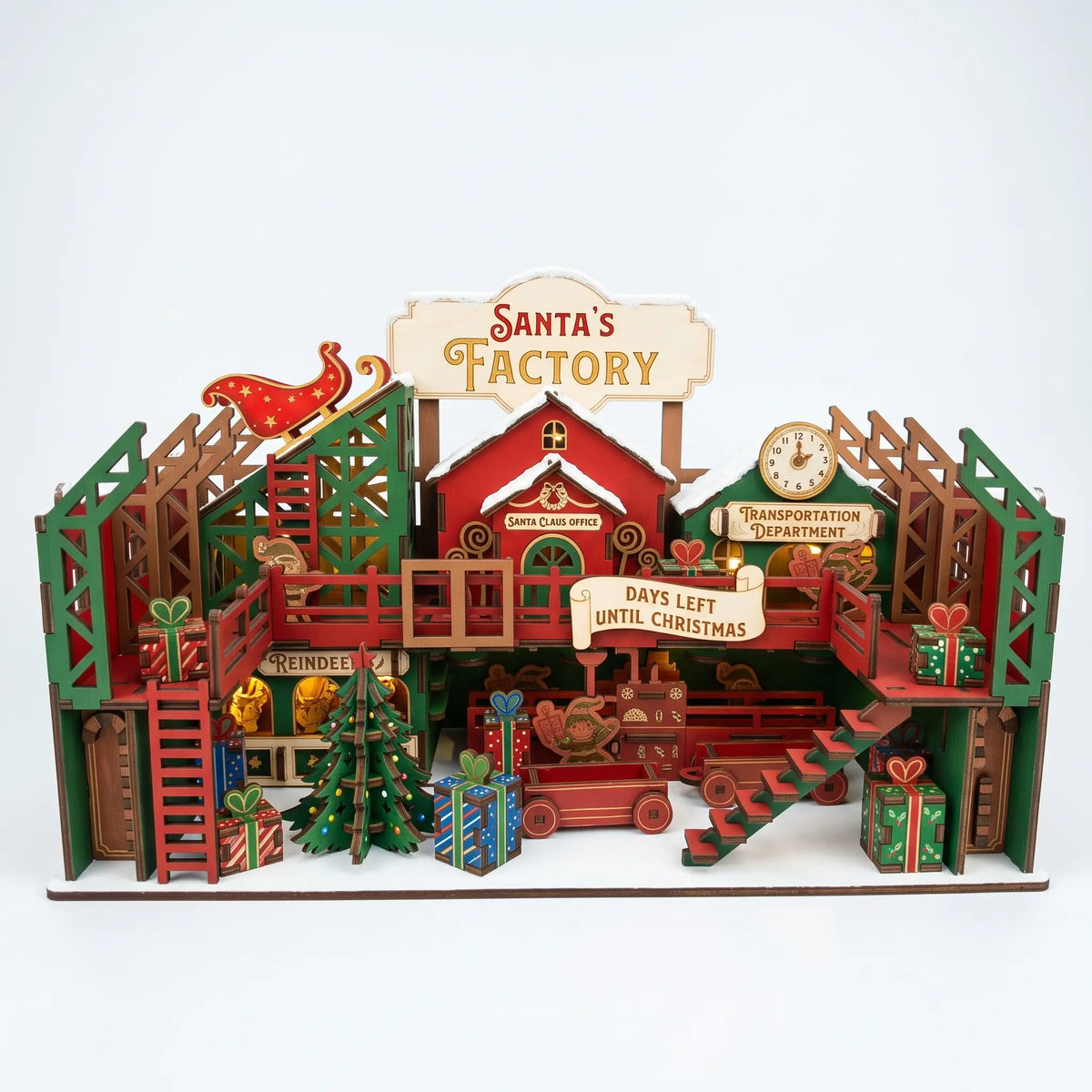 Hand-painted multi-level laser cut plywood Santa's Factory workshop with illuminated lights, sleigh, and gifts