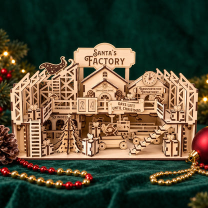 Front view of laser cut plywood Santa's Factory countdown diorama on green velvet with beaded garland and baubles