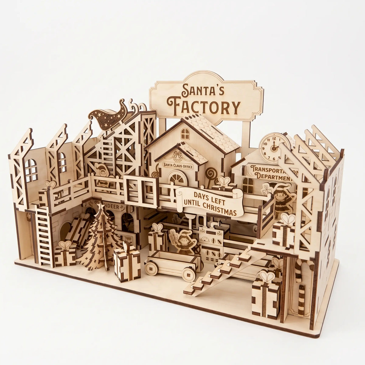 Perspective view of laser cut plywood Santa's Factory diorama featuring offices, sleigh ramp, and stairs on white