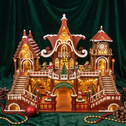 Illuminated painted laser cut plywood Santa workshop castle on emerald green velvet with warm lights.