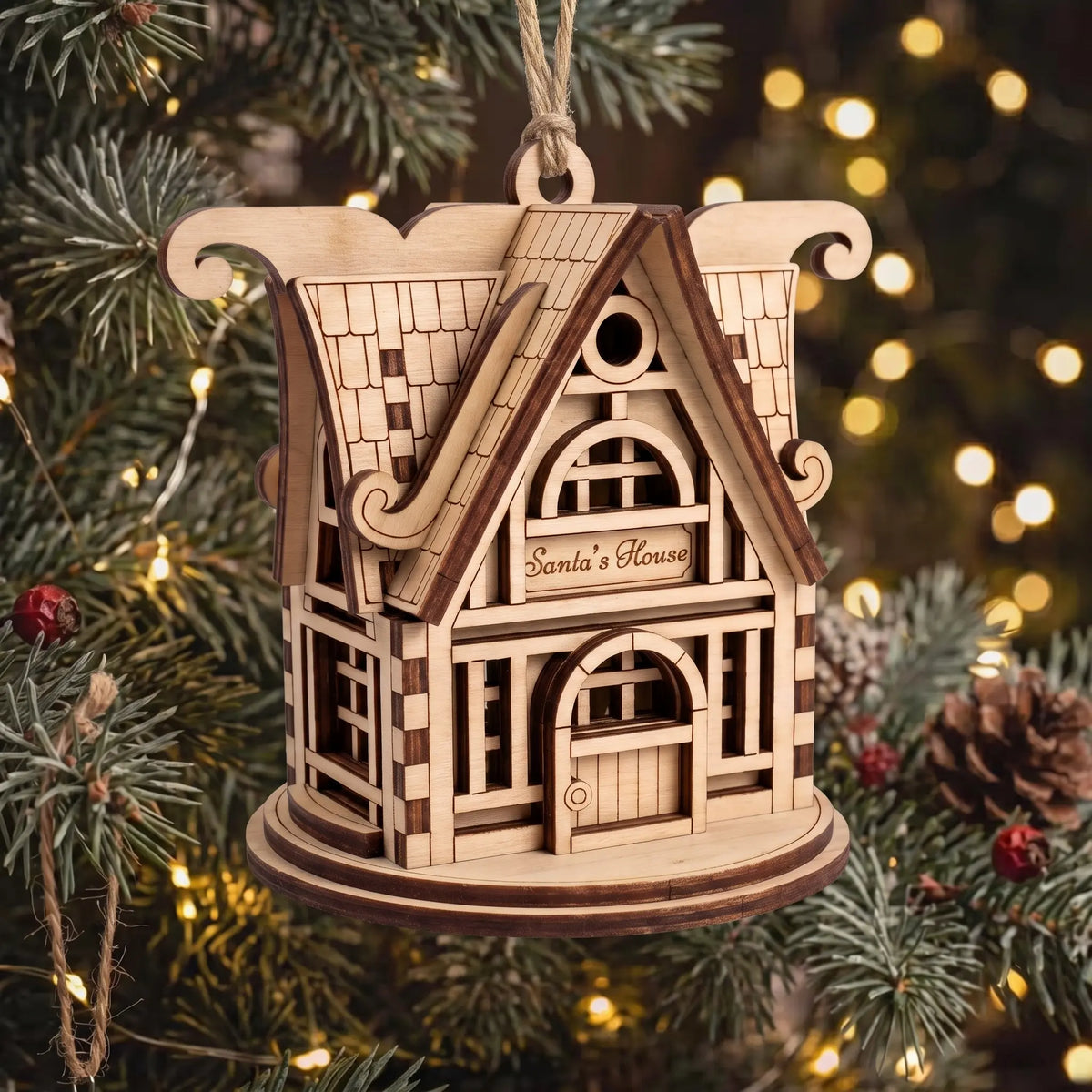 Laser cut plywood Santa’s House chalet ornament with tiered roof shingles hanging on a warm lit Christmas tree