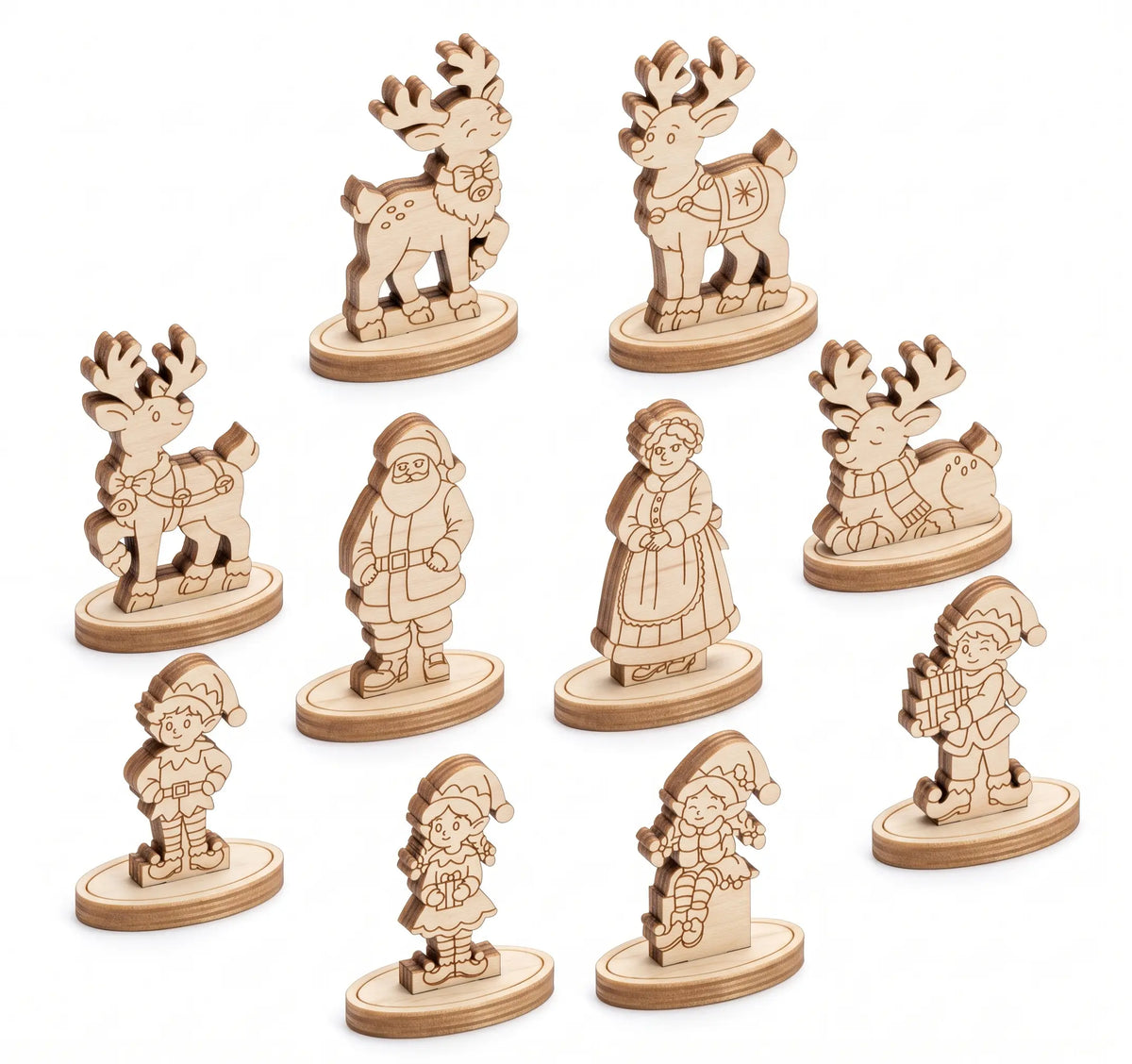 Set of unpainted laser cut plywood Christmas character figurines with engraved lines on plain white.
