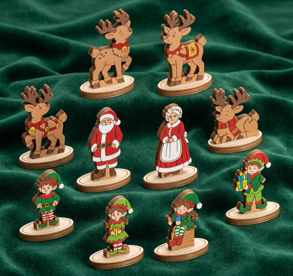Hand-painted laser cut plywood figurines of Santa, elves, and reindeer on stands over green fabric.