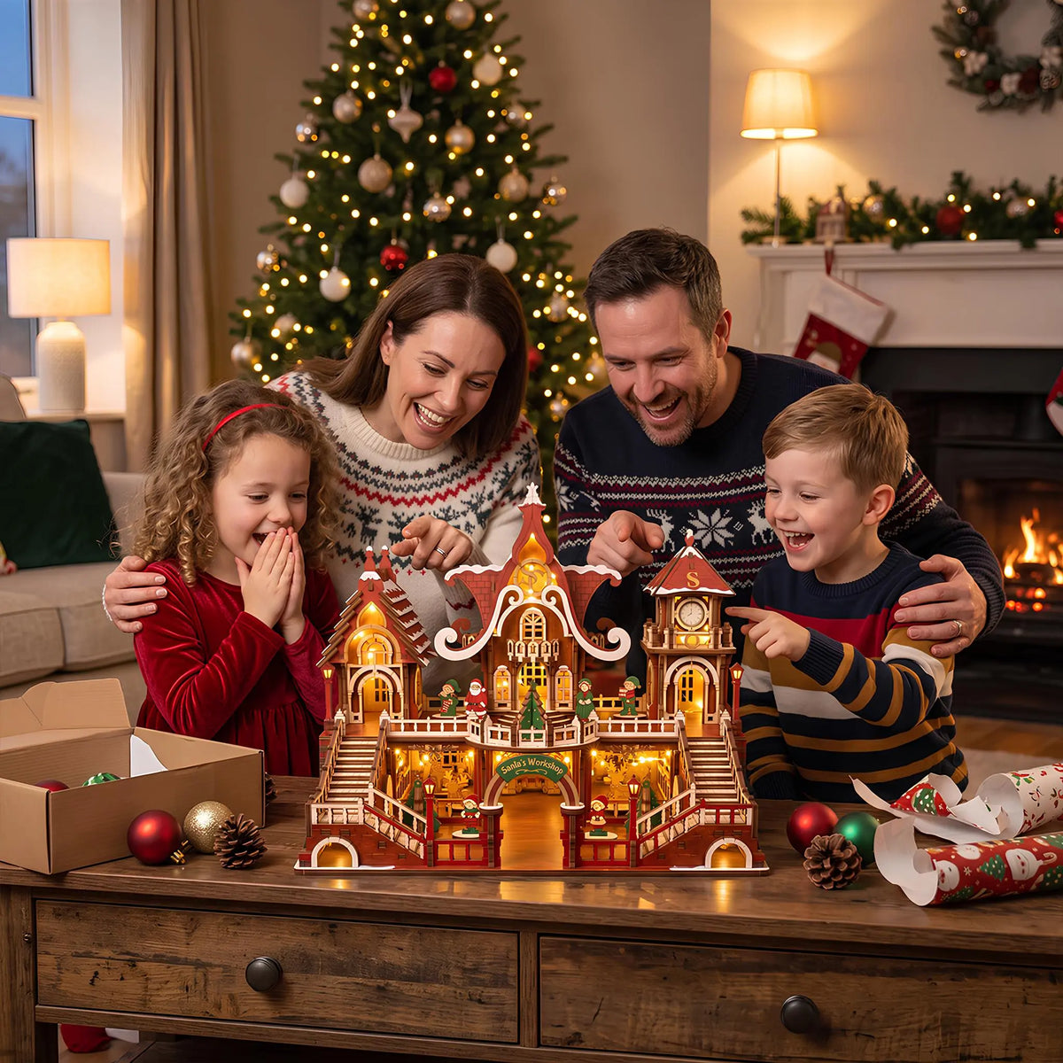 Happy family admiring a glowing illuminated laser cut plywood Santa workshop castle on wooden table.