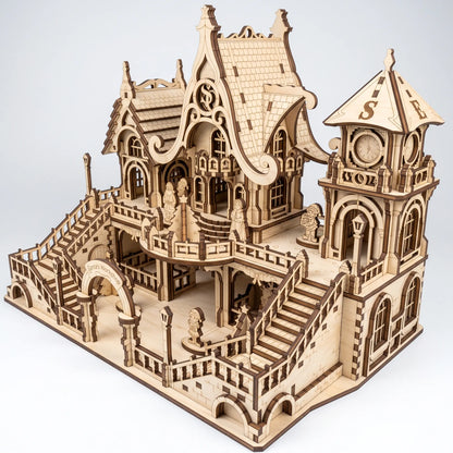Three-quarter perspective of laser cut plywood two-story Santa workshop castle with twin staircases.