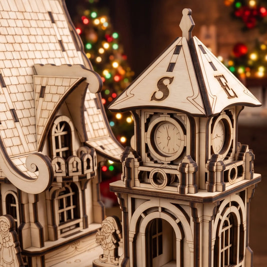 Close-up of laser cut plywood clock tower and carved house facade with glowing Christmas tree bokeh.