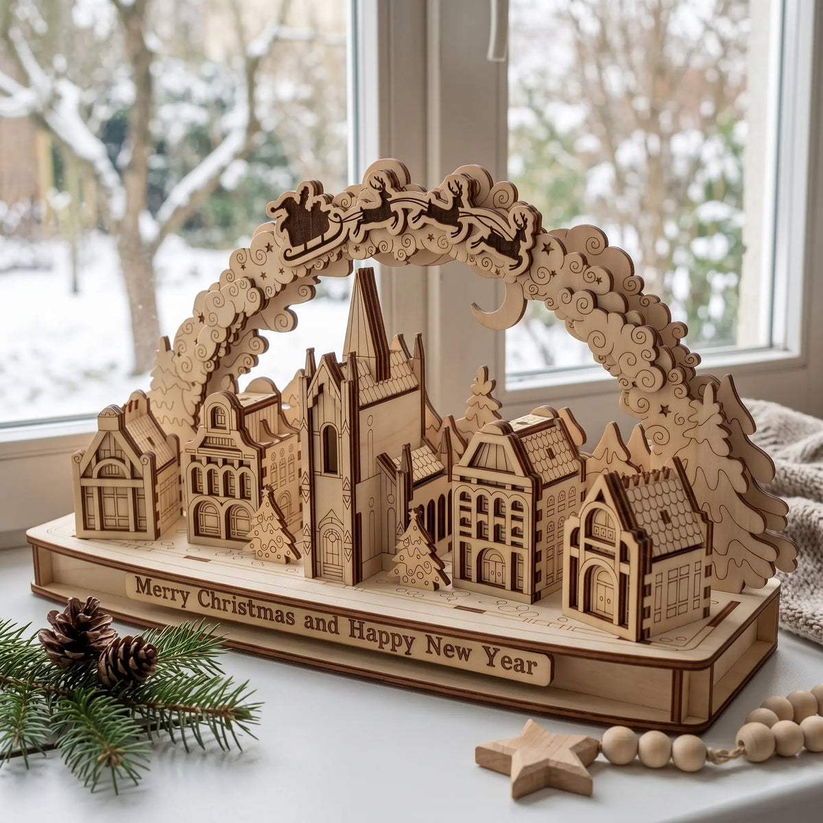 Laser cut plywood holiday village arch placed on windowsill beside pine branch and wooden star against snowy winter view.
