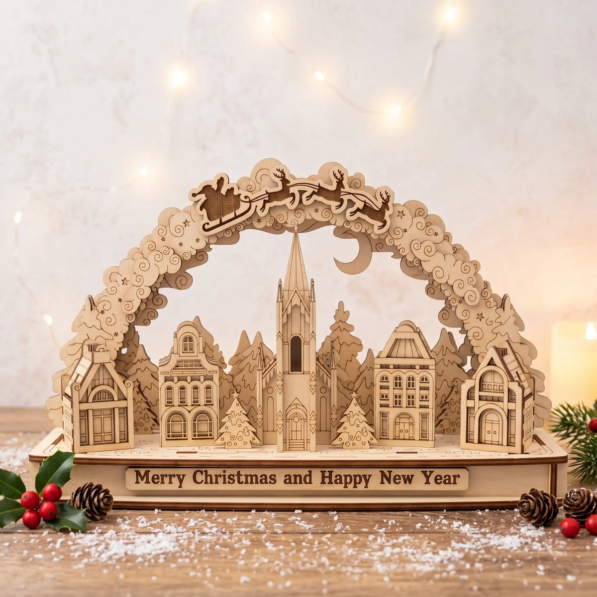 Laser cut plywood Christmas village arch diorama on snow-dusted rustic table decorated with holly berries and fairy lights.