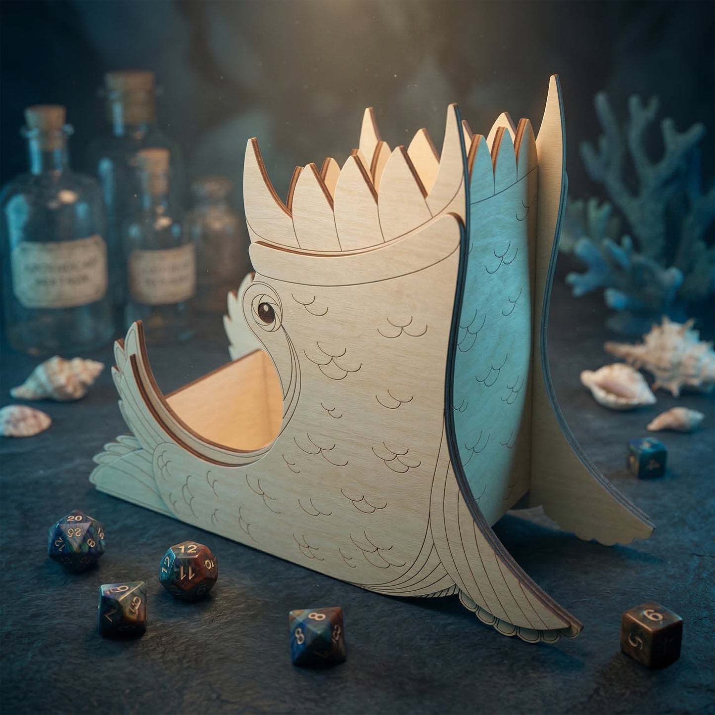 A sea monster dice tower made of laser cut plywood with etched scales and fins. The creature-shaped tower has a jagged top and a tray where polyhedral dice land. Displayed on a dark surface with shells and glass bottles.