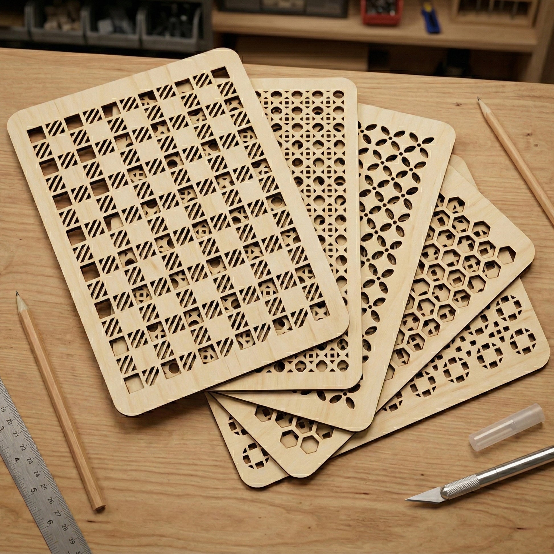 A fan-shaped stack of laser-cut plywood panels featuring various intricate geometric and organic patterns. Designs include honeycomb, floral, and grid-based cutouts. Displayed on a wooden workbench with a ruler, craft knife, and pencils, showcasing the fine detail and natural wood finish.