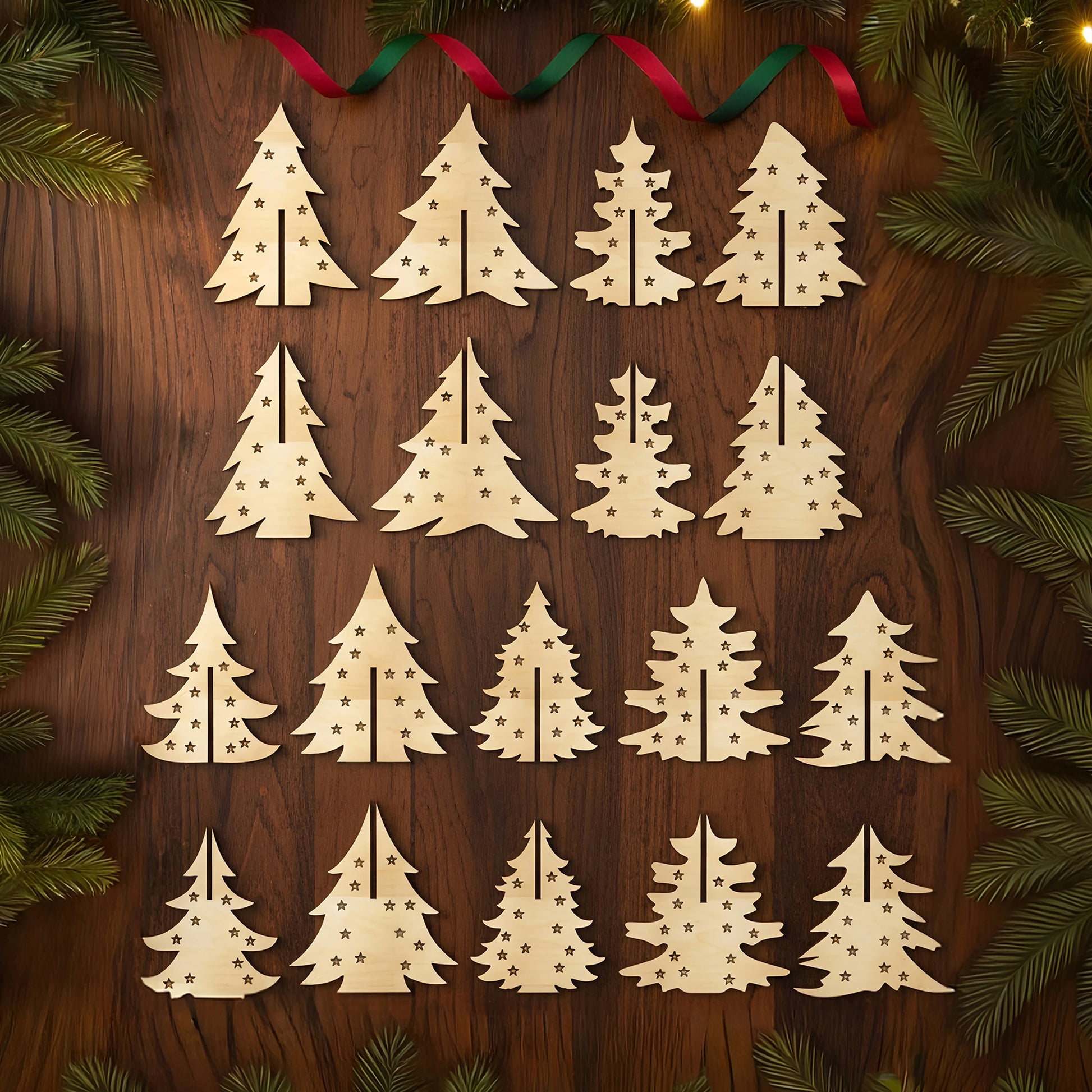 Collection of 18 delicate laser cut wooden Christmas trees featuring different silhouettes and engraved stars, perfect for holiday decor, arranged on a rustic wooden surface.