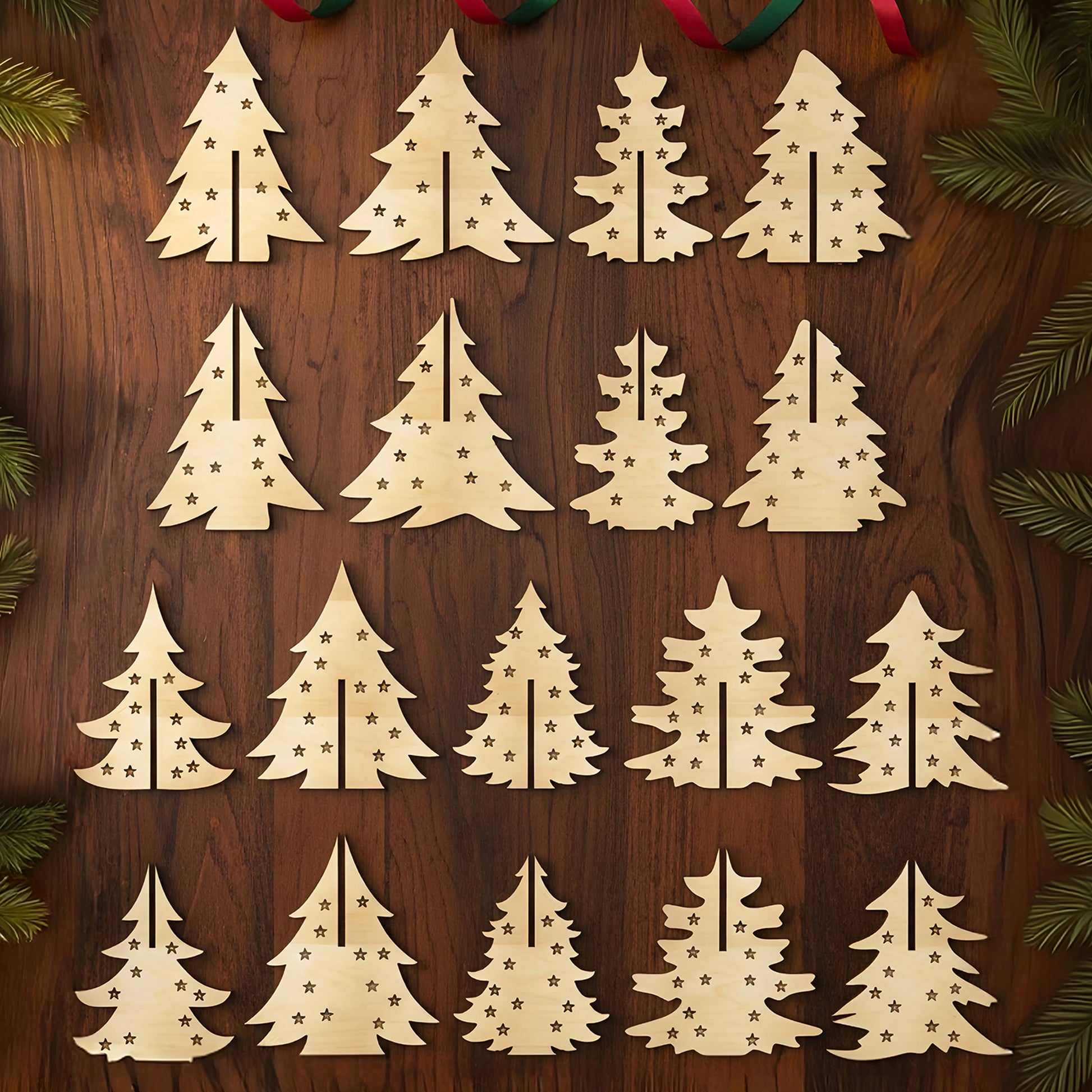 
Set of 18 wooden laser cut Christmas tree figurines in various shapes with star cutouts, designed as standing tabletop decorations, displayed on a warm wooden background.