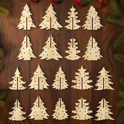 
Set of 18 wooden laser cut Christmas tree figurines in various shapes with star cutouts, designed as standing tabletop decorations, displayed on a warm wooden background.