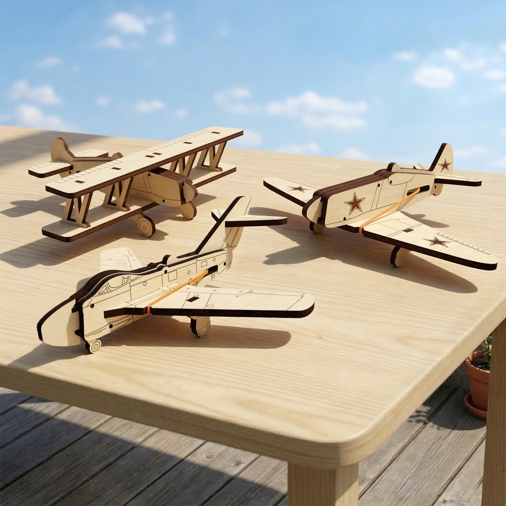 Three diverse aircraft models crafted from laser cut plywood: a biplane and two fighter planes with etched stars. The natural wood miniatures are arranged on a light tabletop outdoors under a sunny sky, highlighting precise assembly and dark edges.