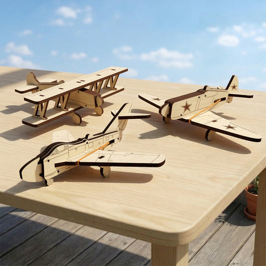 Three diverse aircraft models crafted from laser cut plywood: a biplane and two fighter planes with etched stars. The natural wood miniatures are arranged on a light tabletop outdoors under a sunny sky, highlighting precise assembly and dark edges.