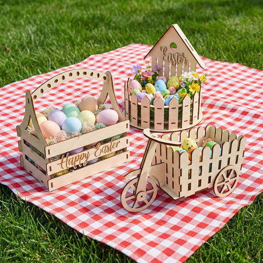 Three laser cut plywood Easter decorations on a red checkered picnic blanket. Includes a "Happy Easter" basket filled with pastel eggs, a small picket fence flower holder, and a tricycle-shaped egg cart, all showing natural wood grain
