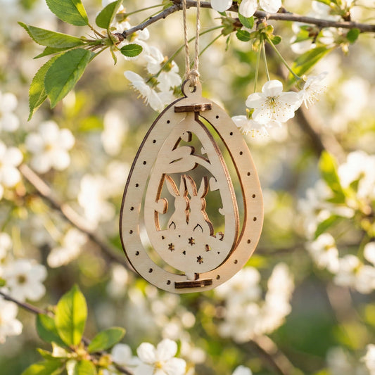 Laser cut plywood Easter ornament in the shape of an egg, featuring a sweet cutout of two rabbits sitting together. The natural wood finish contrasts beautifully with the soft green leaves and white flowers of a spring orchard.