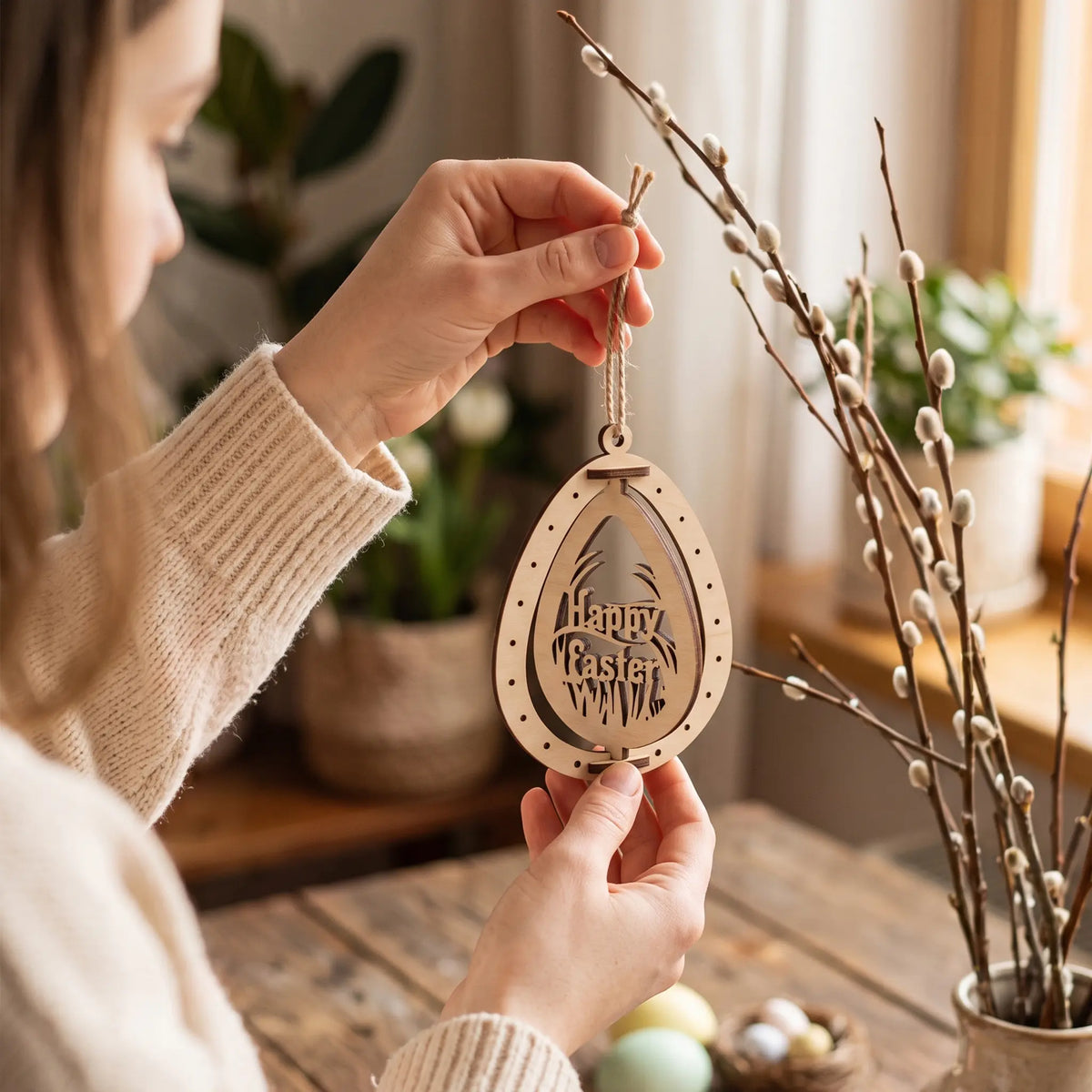 Woman holding a hanging laser cut plywood Easter egg ornament with rotating Happy Easter cutout near pussy willow branches.