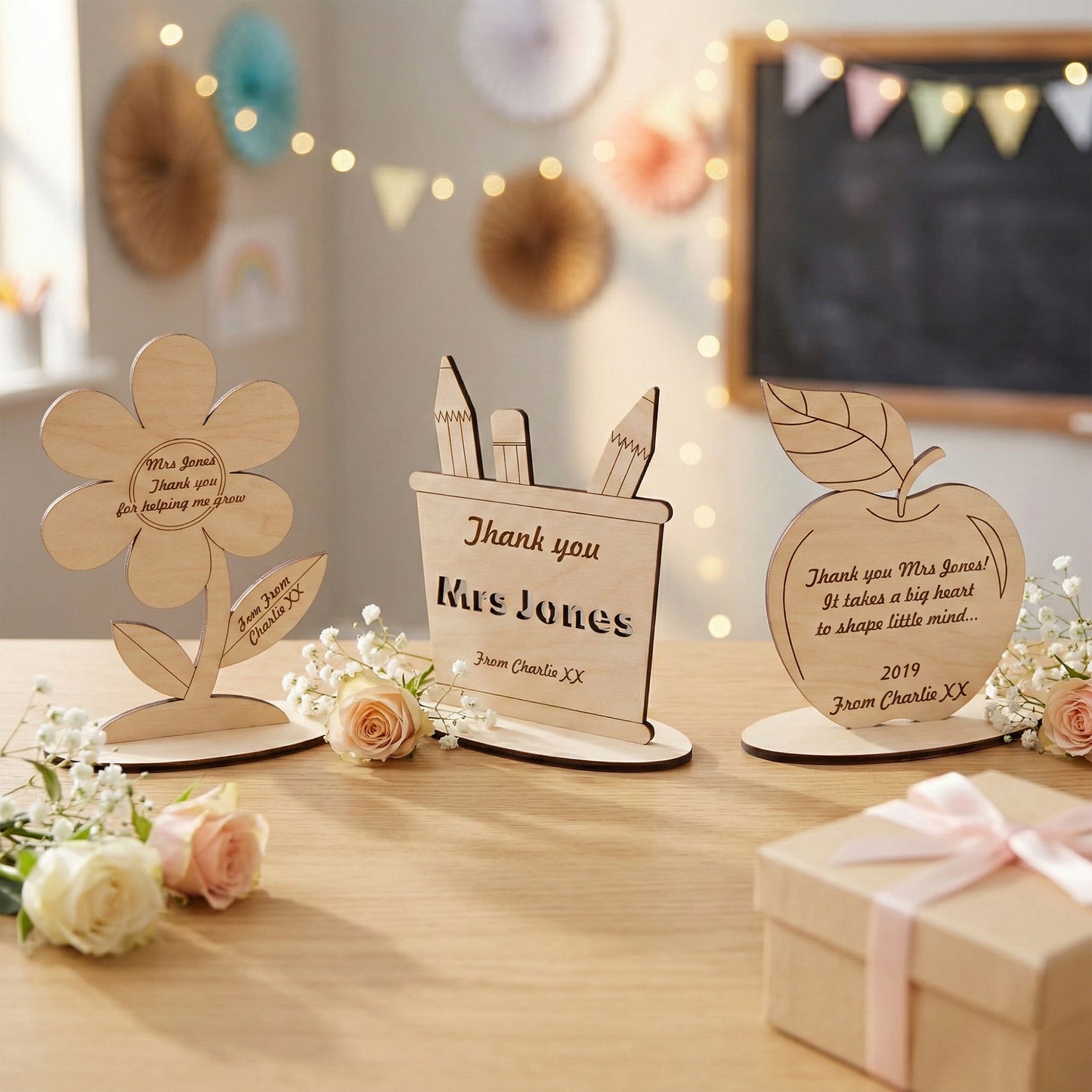 Three personalized teacher appreciation plaques made of laser cut plywood: a flower, a pencil holder, and an apple. Arranged on a desk with roses and a gift box, featuring engraved "Thank you" messages for a teacher named Mrs Jones.
