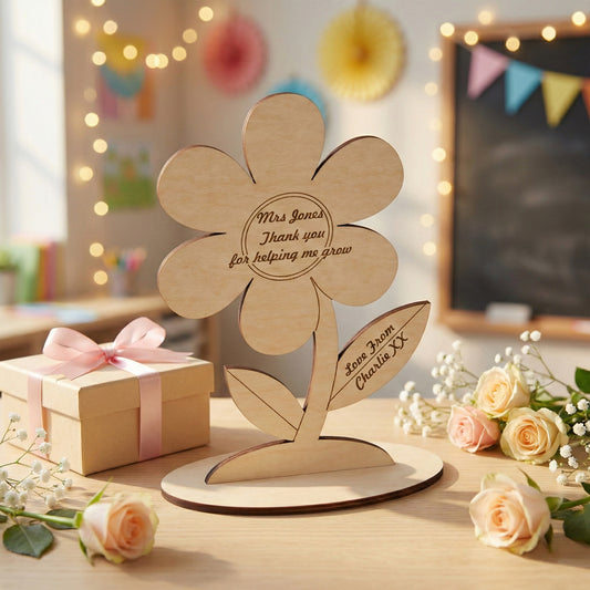 A personalized wooden flower plaque crafted from laser cut plywood. Engraved with "Mrs Jones Thank you for helping me grow." The birch wood decor stands on an oval base in a classroom setting with a pink gift box and flowers.