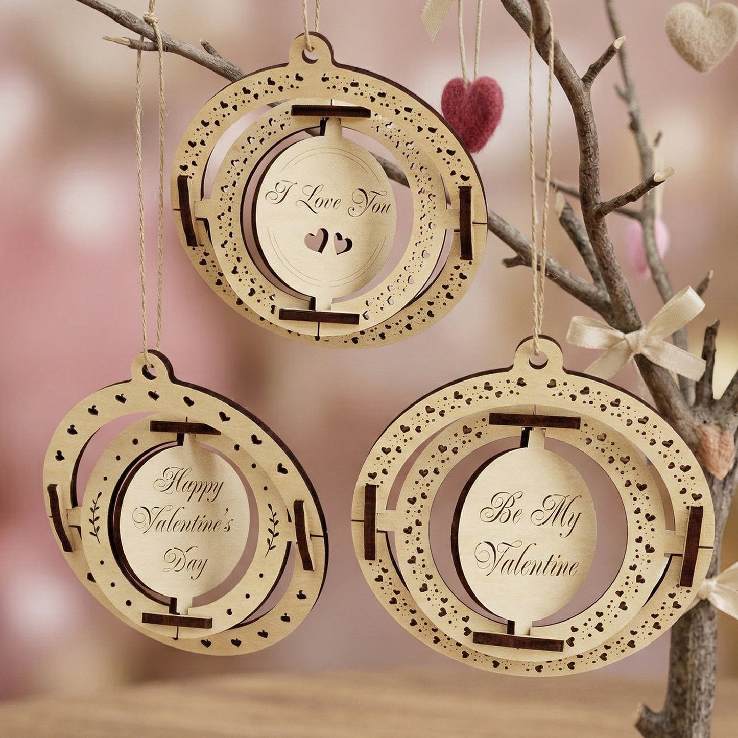 A set of three kinetic Valentine's Day ornaments made from laser-cut plywood. Each ornament features nested spinning rings and engraved messages: "I Love You," "Happy Valentine's Day," and "Be My Valentine." Hanging from a decorative branch in a soft, romantic setting with warm lighting.