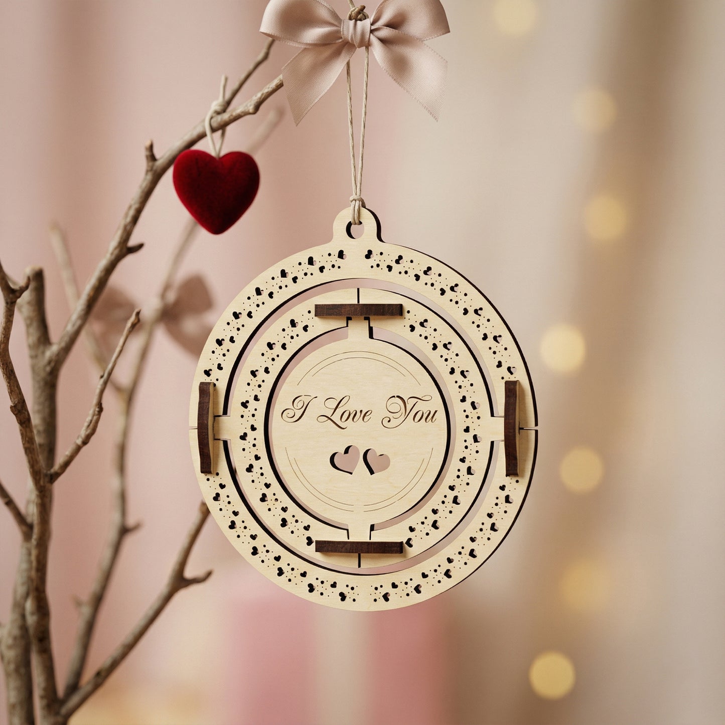 Front view of a personalized laser-cut plywood ornament engraved with "I Love You" and two small hearts. The outer and middle rings are decorated with intricate heart patterns. Handcrafted wooden gift hanging from a branch with a red velvet heart and a satin bow.