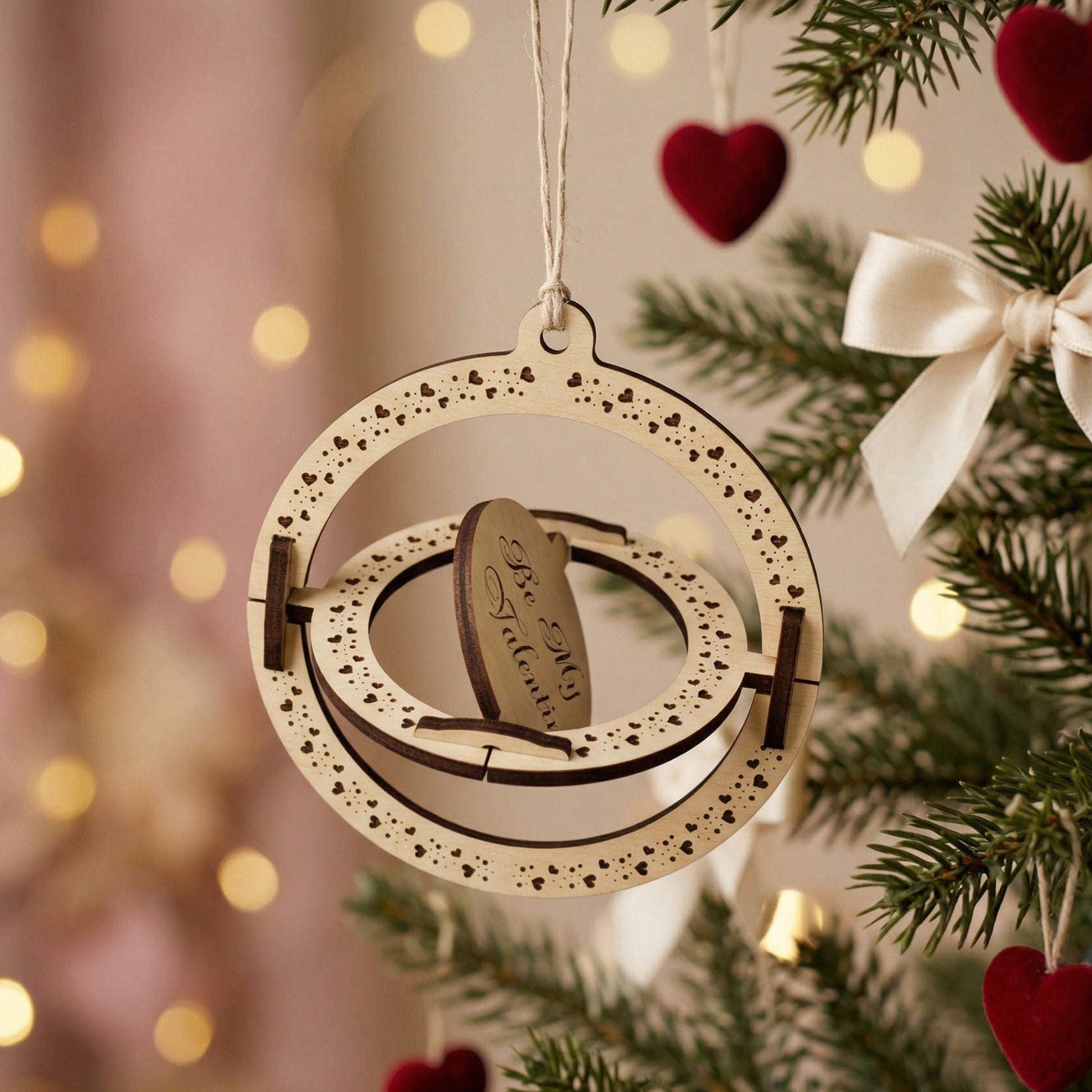 Side-angled view of a rotating 3D wooden Valentine's Day ornament with "Be My Valentine" engraving. This kinetic gift highlights the nested spinning rings and heart-patterned borders. Displayed hanging on a pine branch with warm festive lights in the background.
