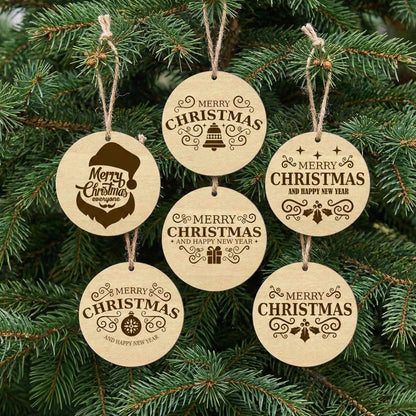 Collection of 6 delicate laser cut wooden Christmas tree toys in circular shapes with elegant holiday greetings and decorative motifs, displayed hanging from branches on a lush green Christmas tree background.