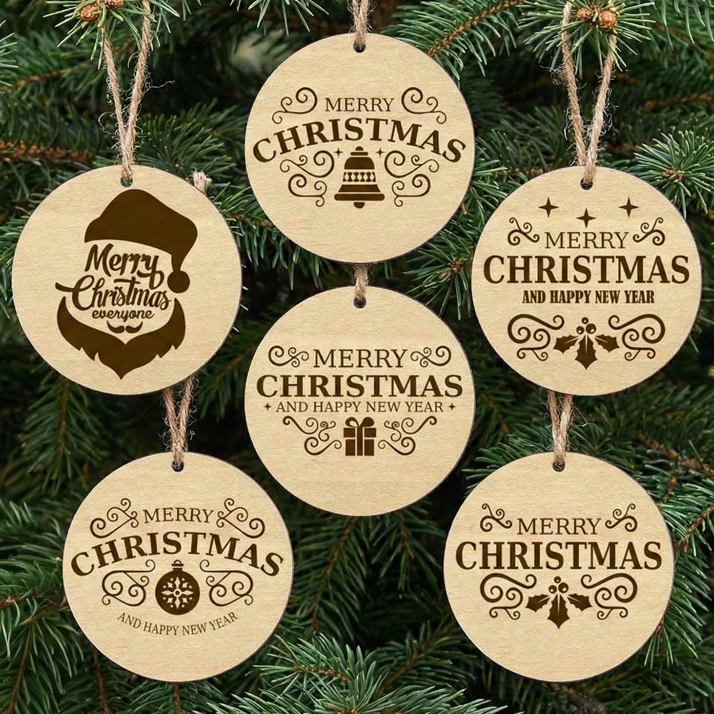 Set of 6 wooden laser cut Christmas tree toys featuring round ornaments with engraved "Merry Christmas" and "Happy New Year" messages, festive icons like bells and gifts, hanging on a natural Christmas tree background.