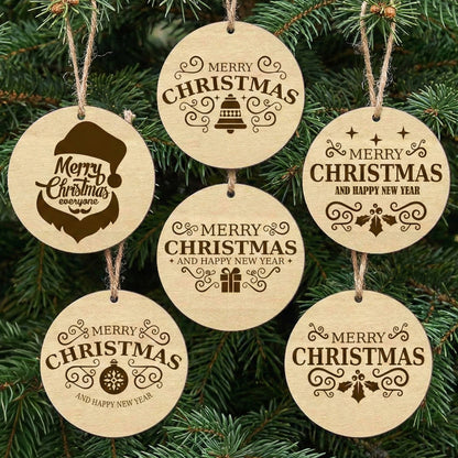 Set of 6 wooden laser cut Christmas tree toys featuring round ornaments with engraved "Merry Christmas" and "Happy New Year" messages, festive icons like bells and gifts, hanging on a natural Christmas tree background.