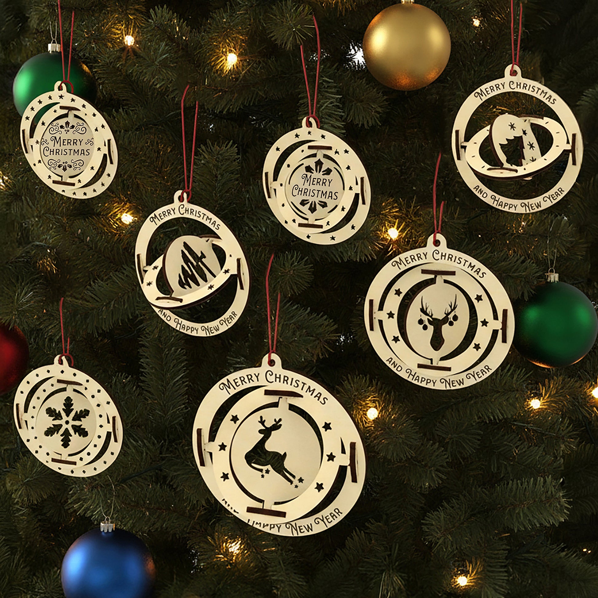 Laser cut wooden Set of 7 Christmas tree ornaments featuring spinning festive designs with deer, trees, snowflakes and greetings, displayed against a warm twinkling Christmas tree background.