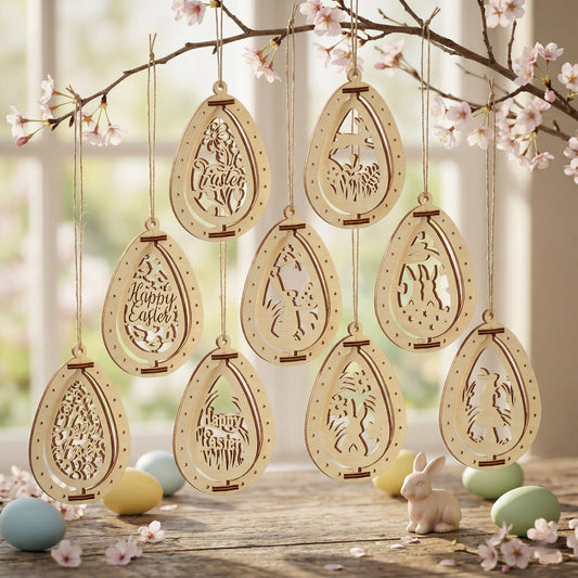 A set of eight 3D laser-cut plywood Easter egg ornaments hanging from a blooming spring branch. Each egg features an internal spinning design with various silhouettes including bunnies, flowers, birds, and "Happy Easter" text. Displayed in a bright room with colorful eggs and a bunny figurine.