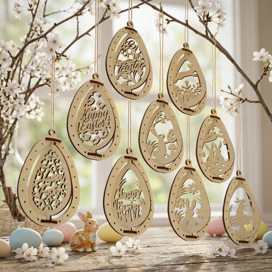 Eight handcrafted wooden Easter egg ornaments with a unique kinetic spinning mechanism. The laser-cut plywood designs showcase intricate spring themes and are shown hanging from branches with white cherry blossoms. The natural wood grain and precision edges are visible in a soft, sunlit setting.