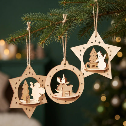 Three laser cut plywood 3D ornaments with deer, snowman, and Santa hanging from pine branch with lights.
