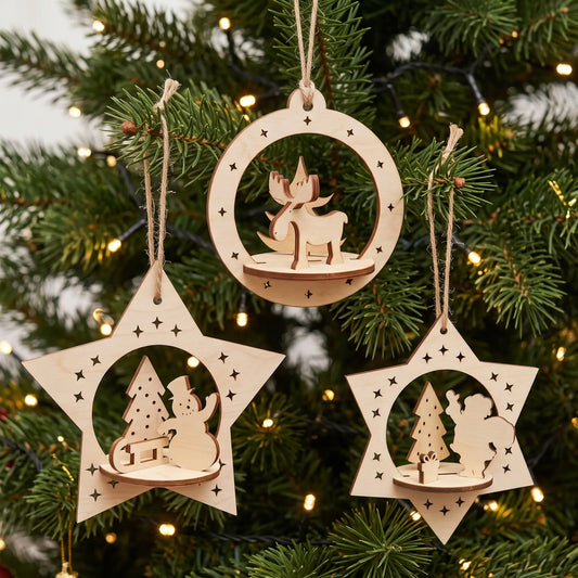 Trio of laser cut plywood holiday baubles with miniature dioramas hanging on lush Christmas pine tree.
