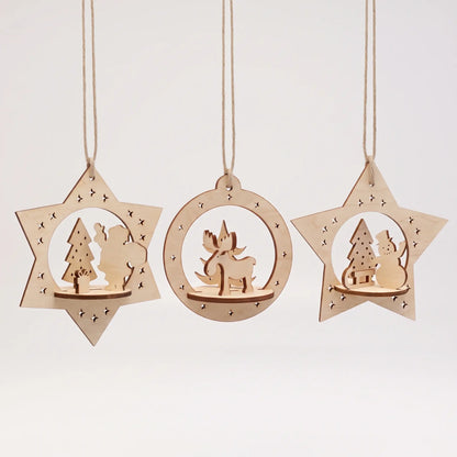 Set of three hanging laser cut plywood Christmas ornaments with cute festive scenes on white backdrop.