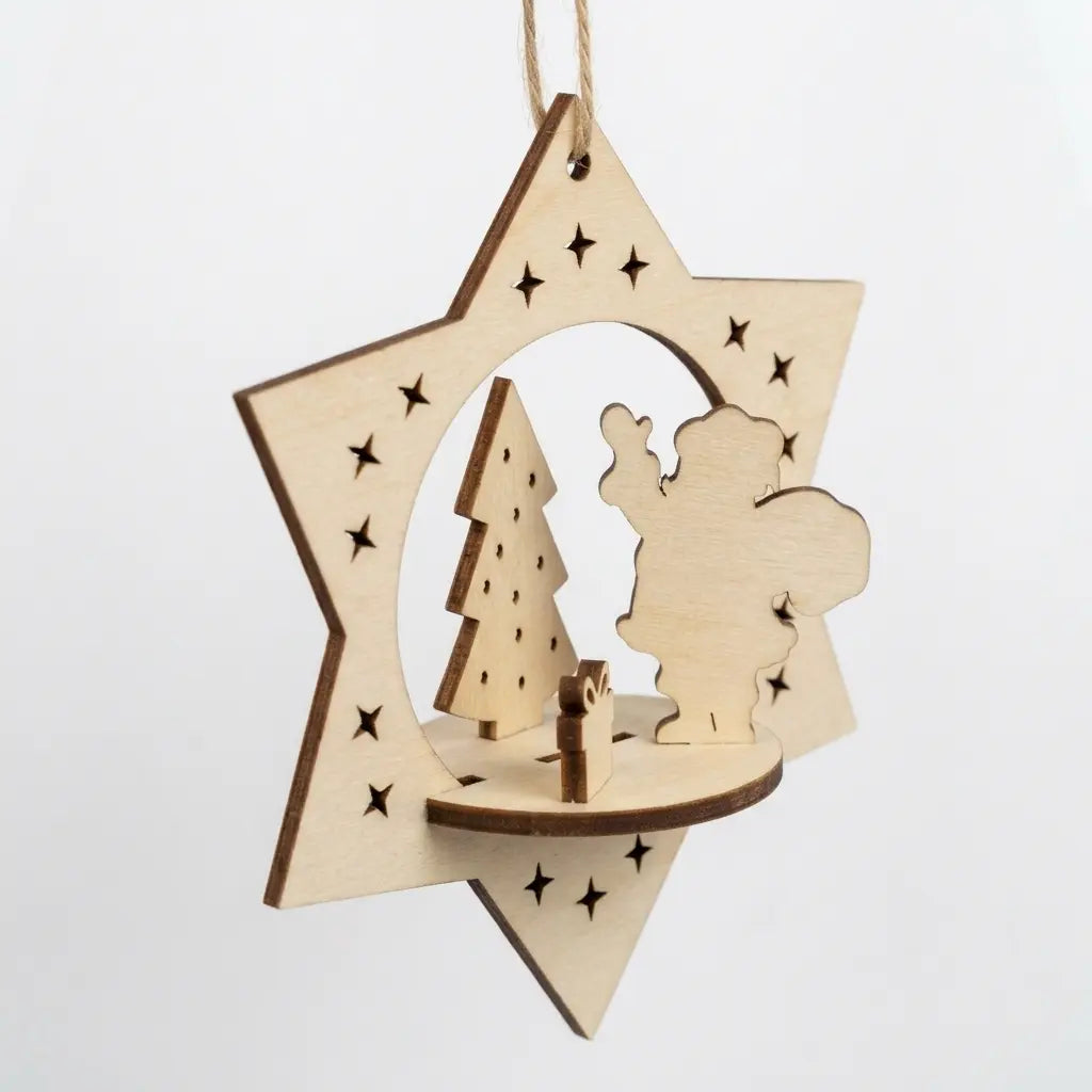 Side view of laser cut plywood star ornament showing 3D shelf with Santa Claus silhouette and tiny tree.