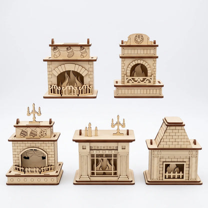 Five distinct assembled laser cut plywood Christmas fireplace models with holiday decor isolated on plain white.