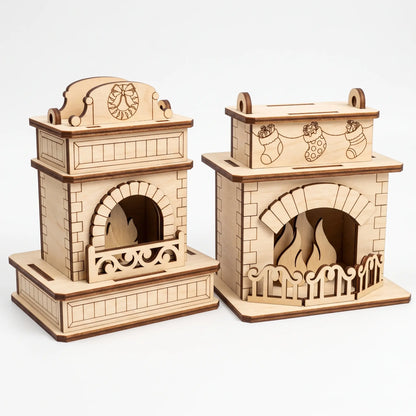 Two laser cut plywood mantel fireplaces with arched hearth flames, festive wreath, and engraved stocking motifs