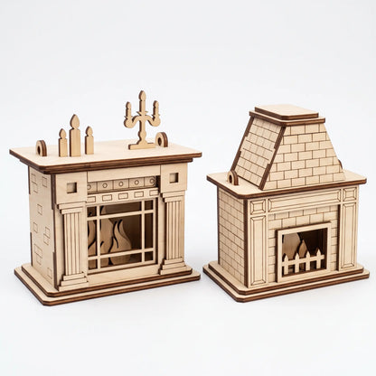 Pair of laser cut plywood miniature fireplaces featuring fluted columns, cut candelabra, and brick chimney cap.