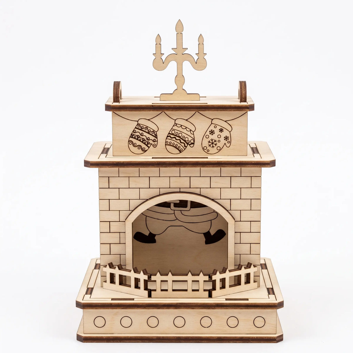 Front view of laser cut plywood fireplace model with candelabra topper, engraved mittens, and Santa stuck in hearth