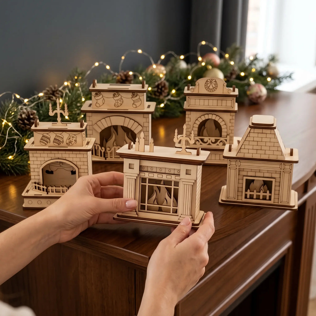 Hands display set of five laser cut plywood holiday fireplace models arranged along festive decorated tabletop.