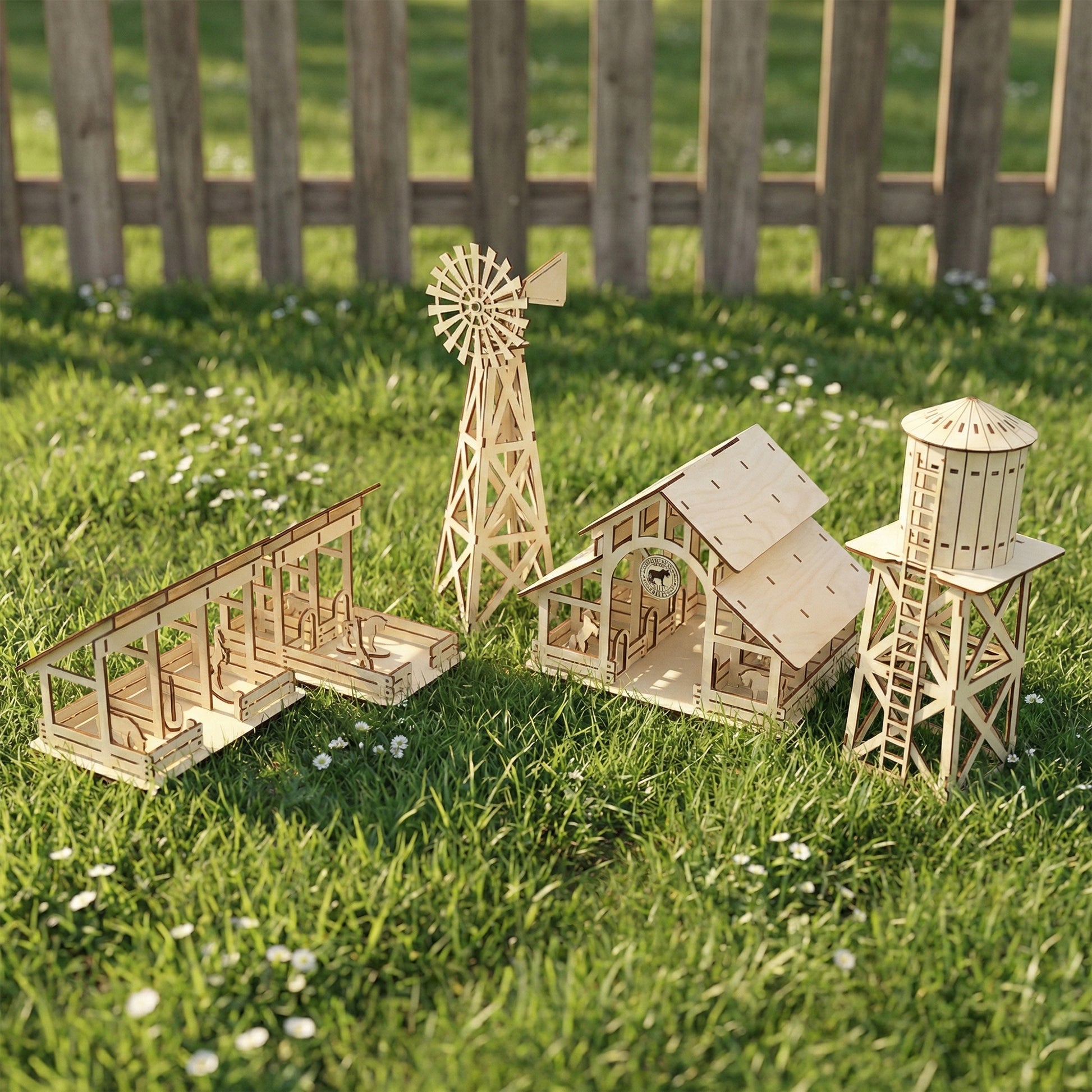 A high-angle view of a farm set made from laser cut plywood, featuring a barn, windmill, water tower, and animal stalls. The natural wood models sit on green grass with small white flowers, showing detailed interlocking wood joints.