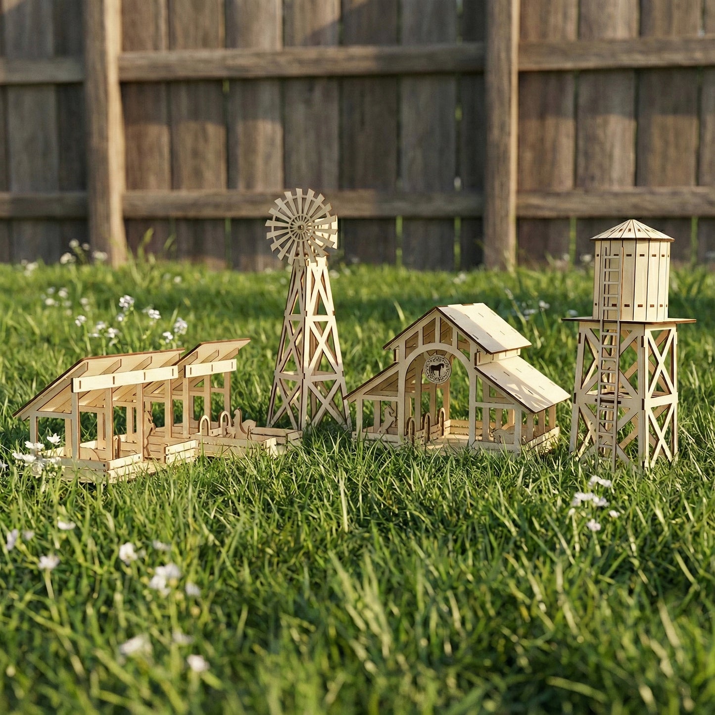 Eye-level front view of a miniature farm collection in laser cut plywood. Arranged in a row on grass: stable stalls, tall windmill, open-faced barn with horse logo, and a water tower with a ladder. A wooden fence is in the background.